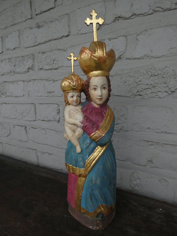 Antique South european wood carved polychrome Madonna child statue religious