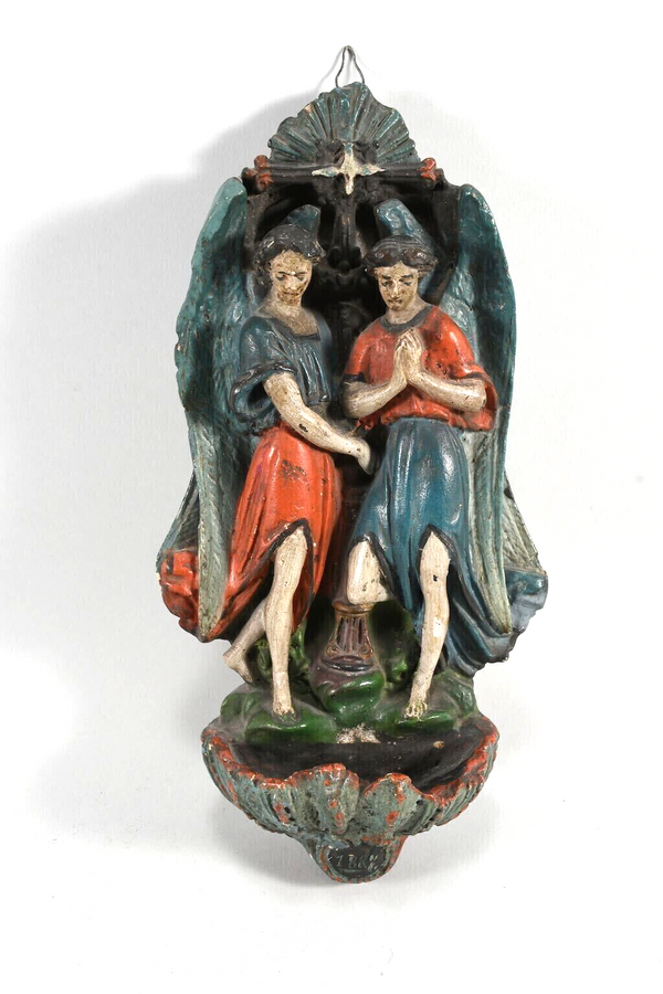 Antique French 1887 Rare French ceramic paint archangel figural holy water font