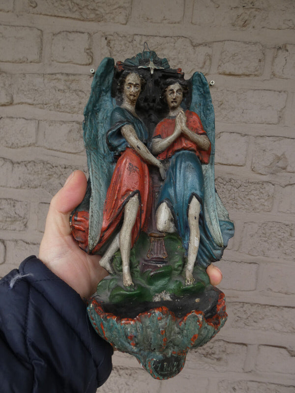 Antique French 1887 Rare French ceramic paint archangel figural holy water font