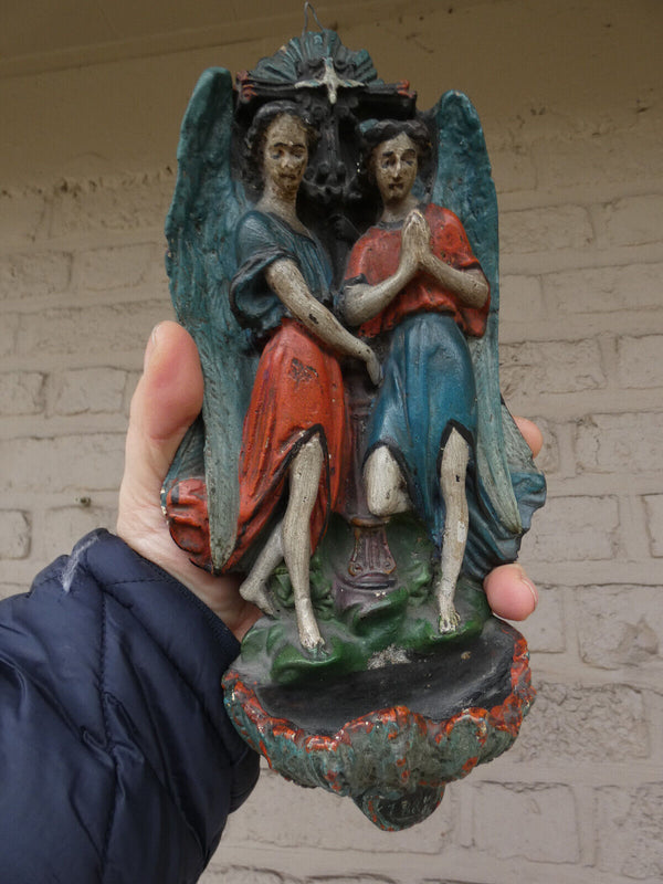 Antique French 1887 Rare French ceramic paint archangel figural holy water font