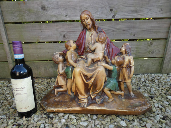 Antique L Belgian ART deco Chalk Jesus  children group statue signed religious