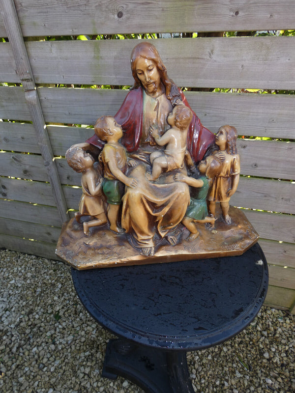 Antique L Belgian ART deco Chalk Jesus  children group statue signed religious