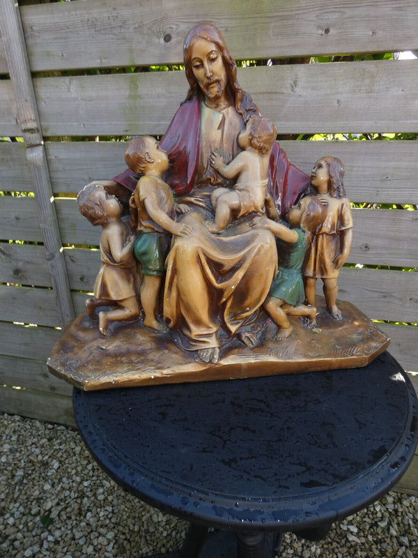 Antique L Belgian ART deco Chalk Jesus  children group statue signed religious