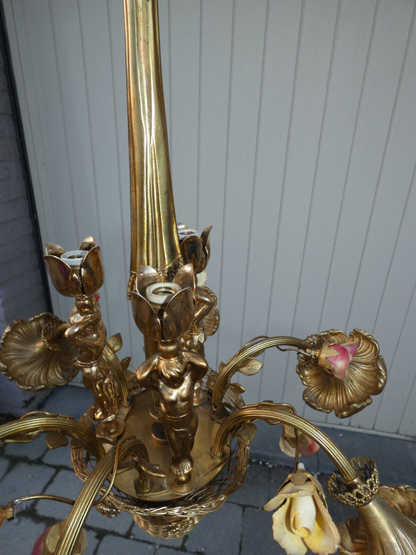 French bronze Flower basket putti porcelain Chandelier lamp rare