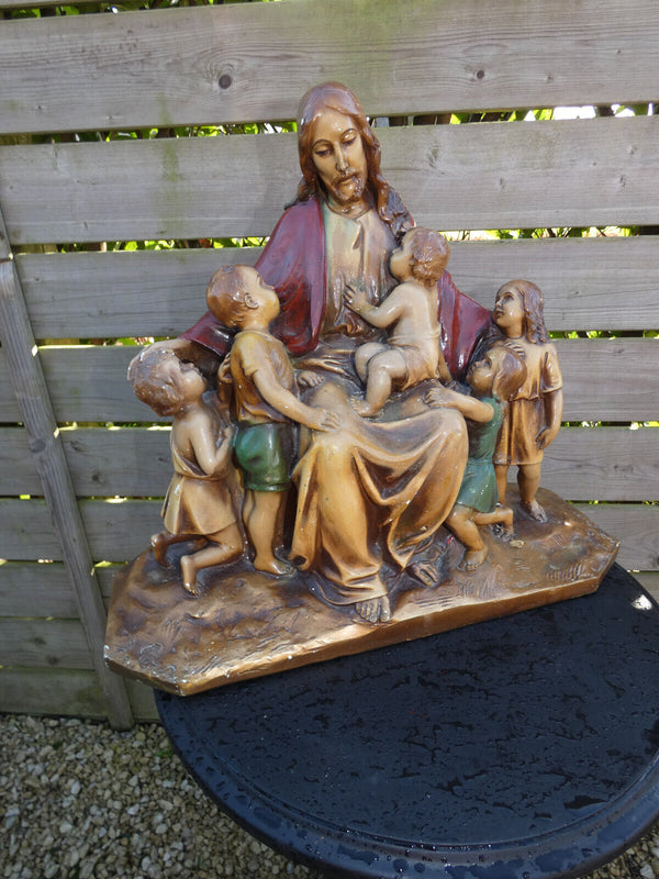 Antique L Belgian ART deco Chalk Jesus  children group statue signed religious