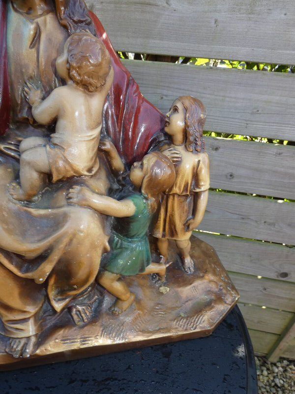 Antique L Belgian ART deco Chalk Jesus  children group statue signed religious