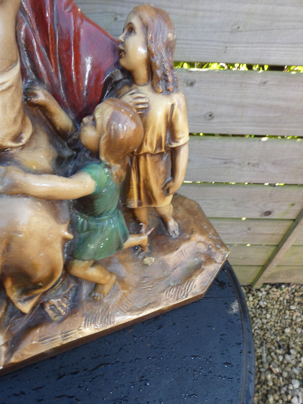 Antique L Belgian ART deco Chalk Jesus  children group statue signed religious