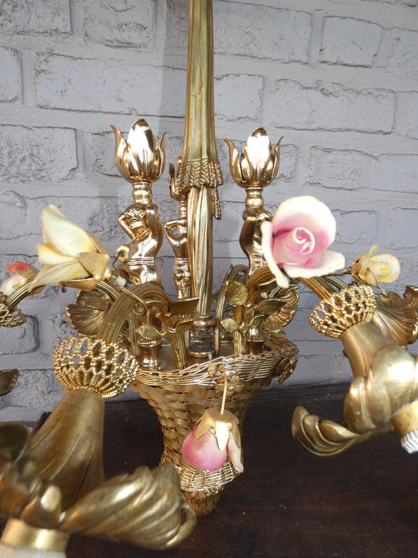 French bronze Flower basket putti porcelain Chandelier lamp rare