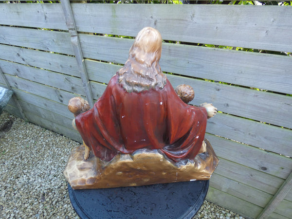 Antique L Belgian ART deco Chalk Jesus  children group statue signed religious