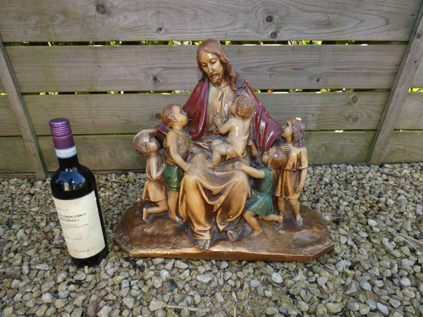 Antique L Belgian ART deco Chalk Jesus  children group statue signed religious