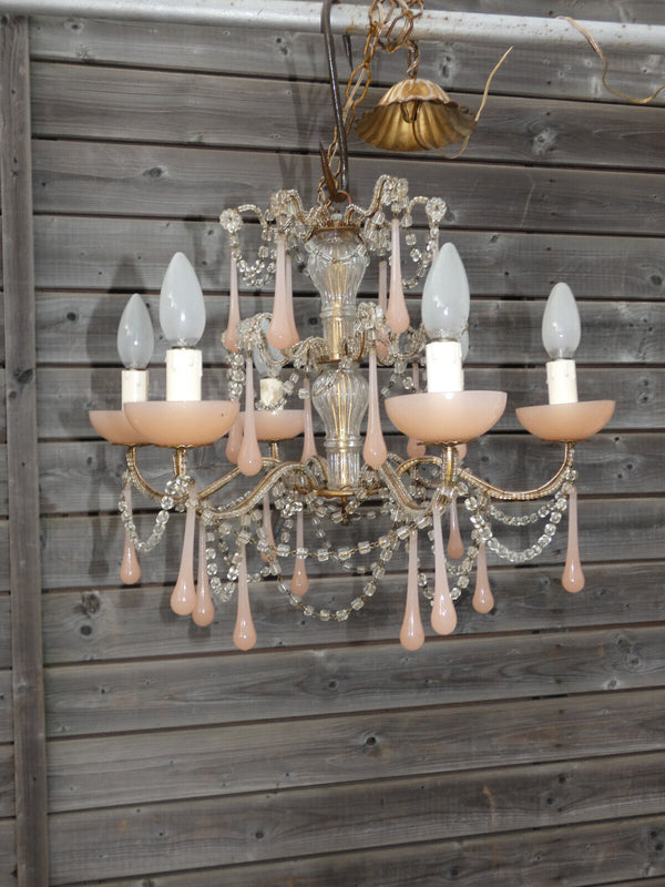 Vintage italian pink murano drops Glass Chandelier lamp