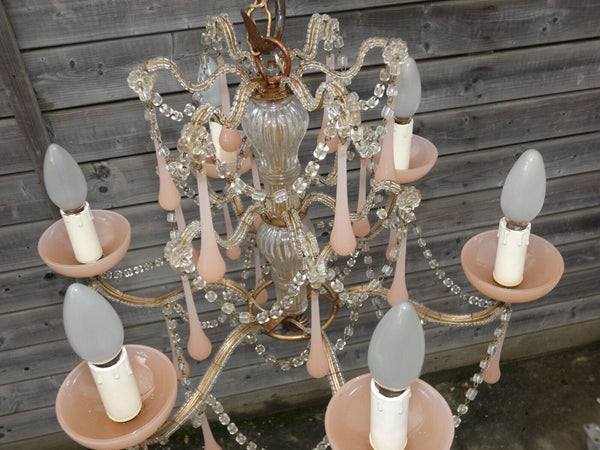 Vintage italian pink murano drops Glass Chandelier lamp