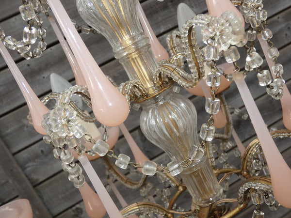 Vintage italian pink murano drops Glass Chandelier lamp