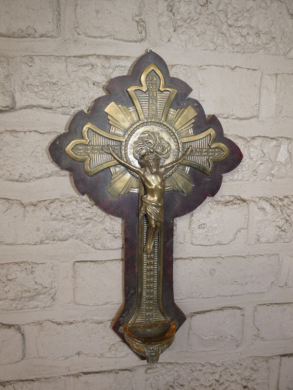 Antique french wood metal Crucifix holy water font plaque