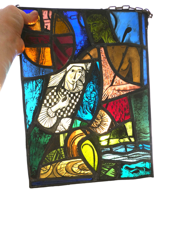 Antique Stained glass window madonna joseph religious signed