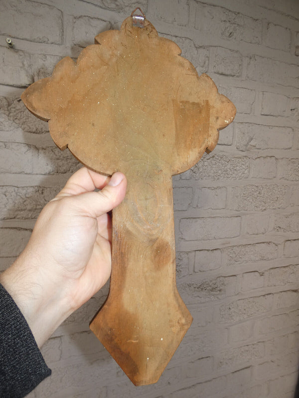 Antique french wood metal Crucifix holy water font plaque