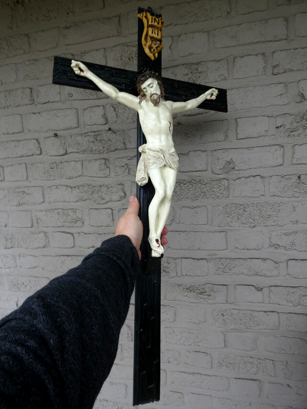 Antique XL 33,4" Wood chalk christ crucifix cross religious