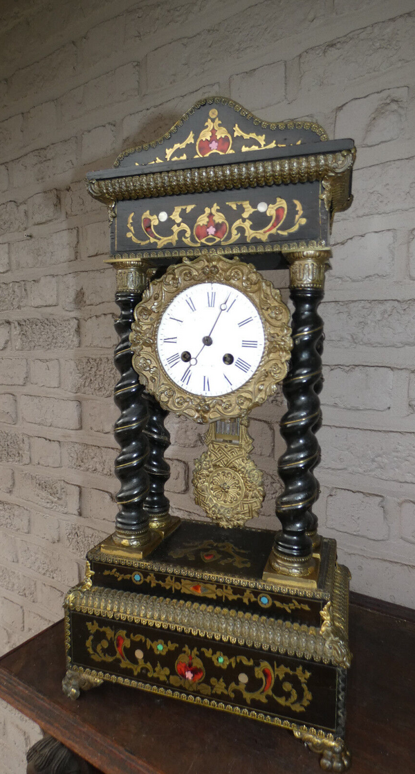 Antique 19thc napoleon III black lacquered wood inlay decor mantel clock