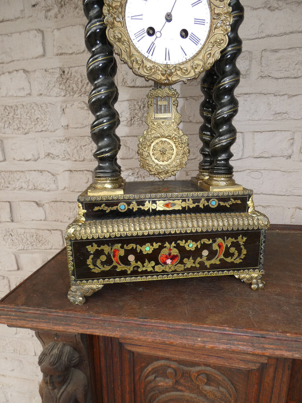 Antique 19thc napoleon III black lacquered wood inlay decor mantel clock
