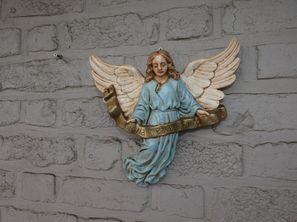 Vintage Chalk nativity wall angel latin text statue figurine religious