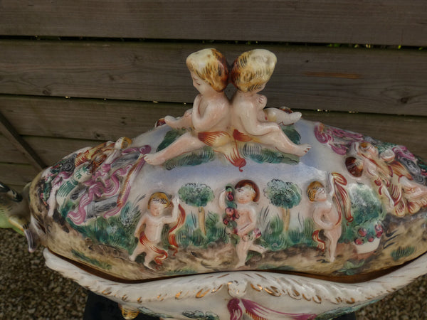 Vintage XL  italian Capodimonte marked porcelain Centerpiece bowl Dragon putti