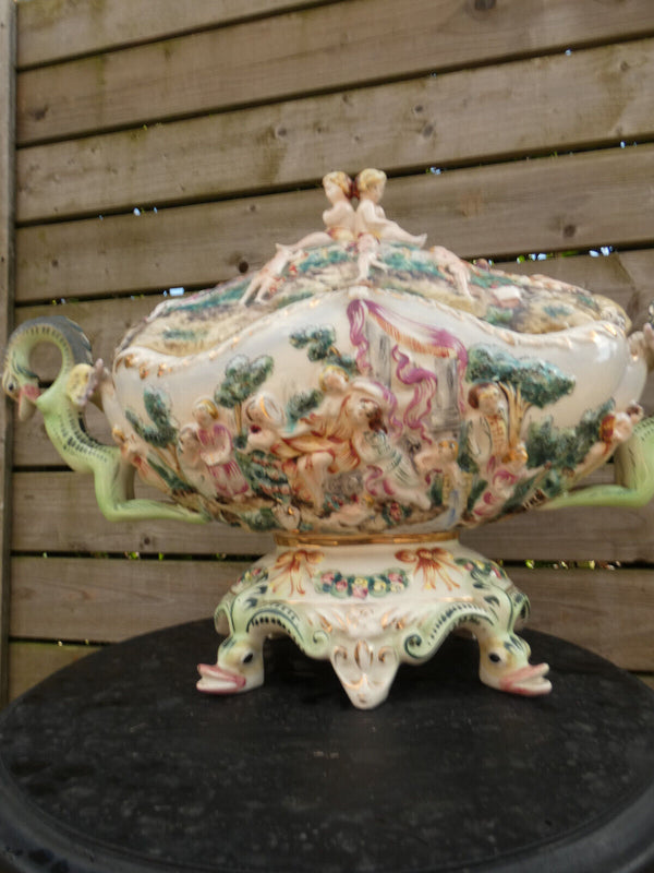 Vintage XL  italian Capodimonte marked porcelain Centerpiece bowl Dragon putti