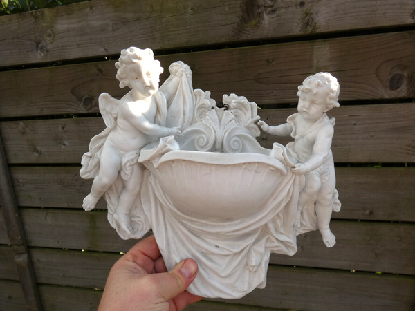 Antique large german bisque porcelain white angels holy water font plaque wall