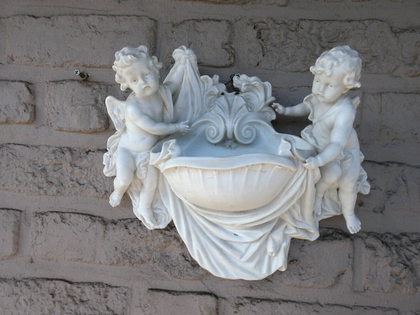 Antique large german bisque porcelain white angels holy water font plaque wall