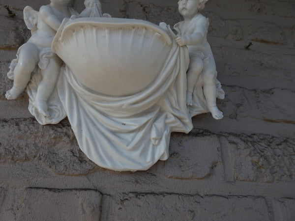 Antique large german bisque porcelain white angels holy water font plaque wall
