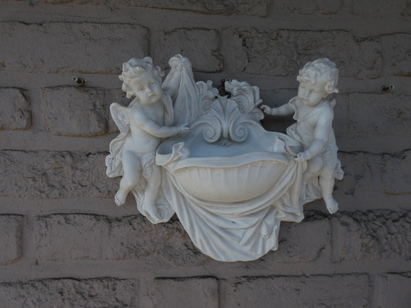 Antique large german bisque porcelain white angels holy water font plaque wall