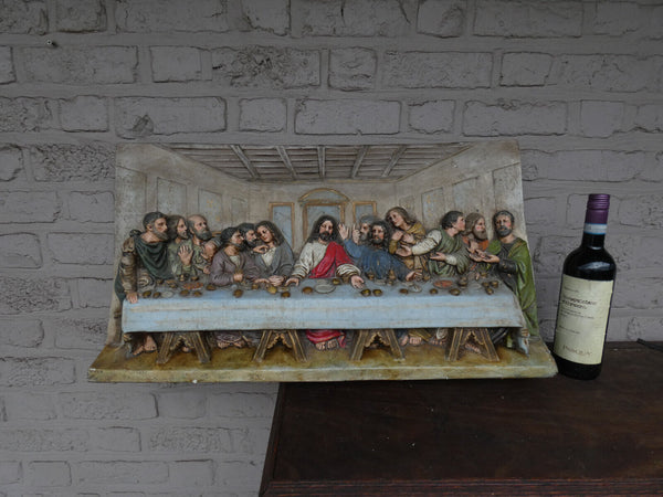 LARGE antique stoneware last supper christ jesus relief plaque religious