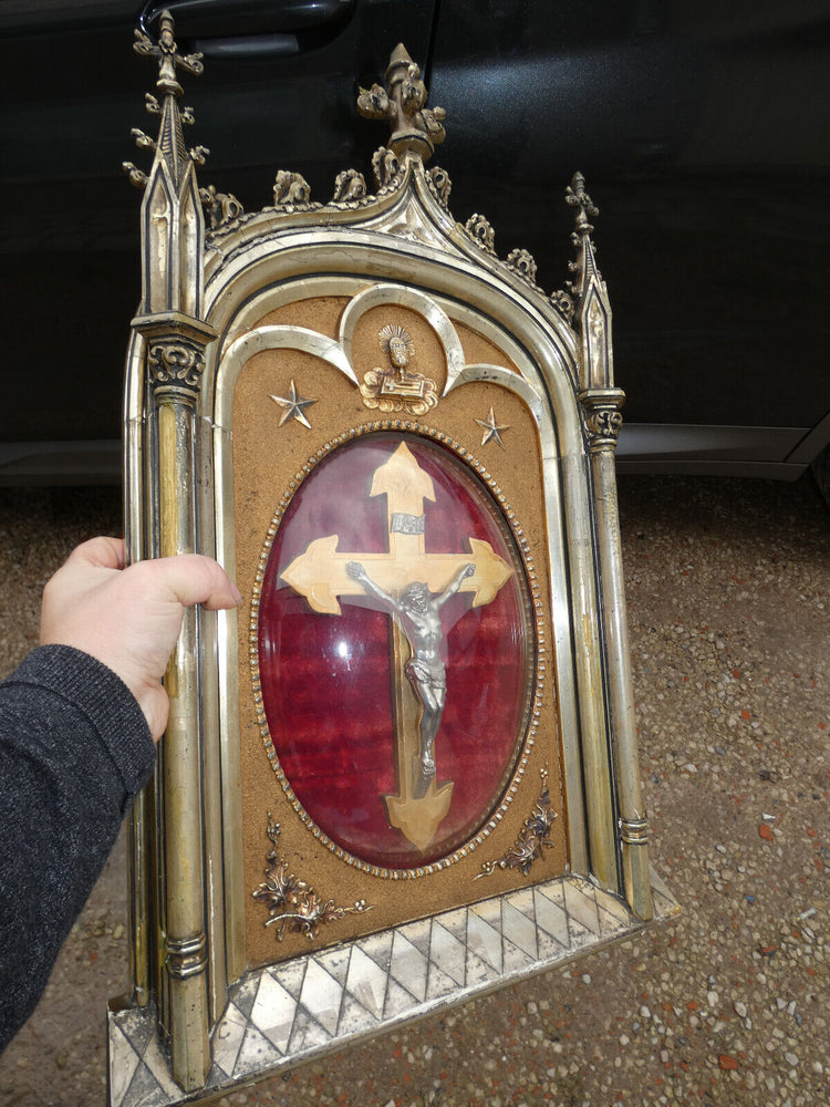 Antique large neo gothic wall crucifix globe glass plaque religious rare