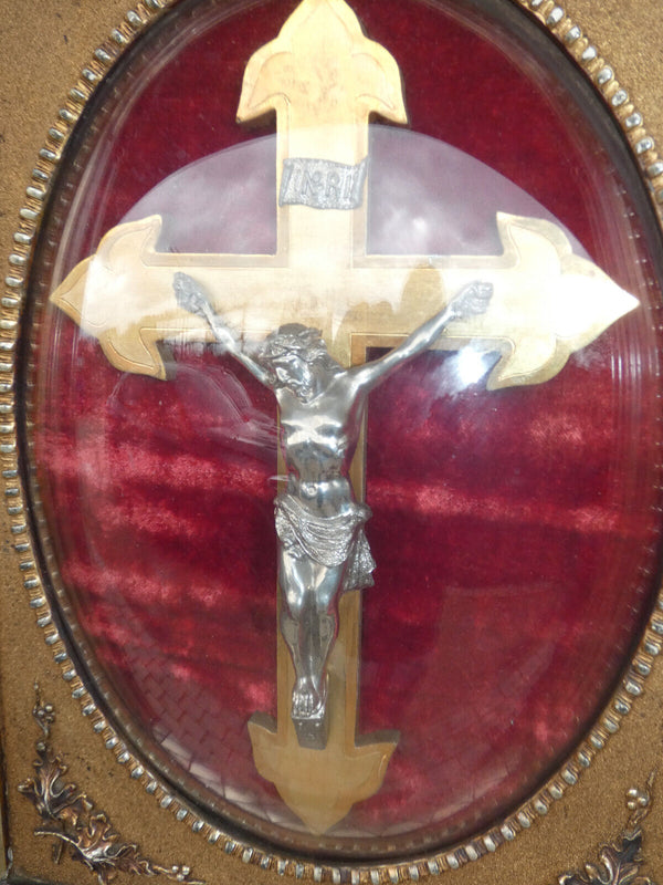 Antique large neo gothic wall crucifix globe glass plaque religious rare