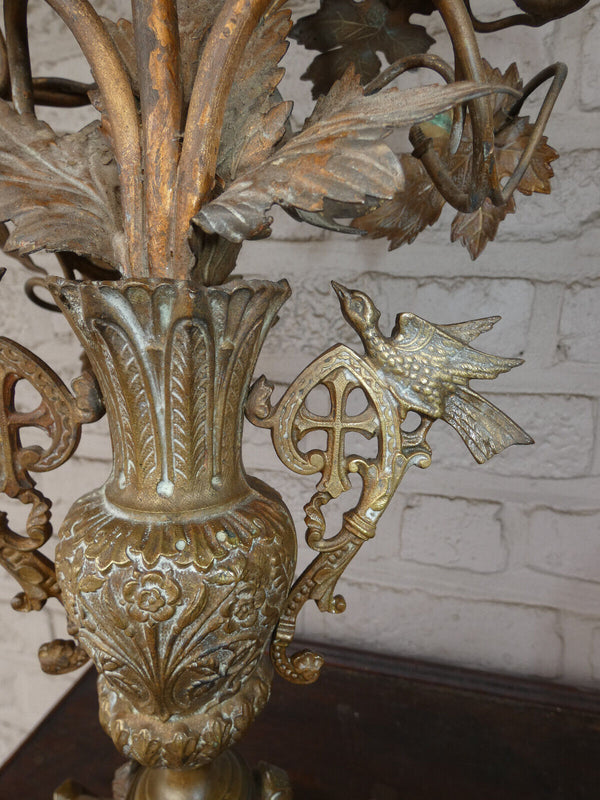 PAIR LARGE brass Church altar candelabras dragon birds floral decor religious