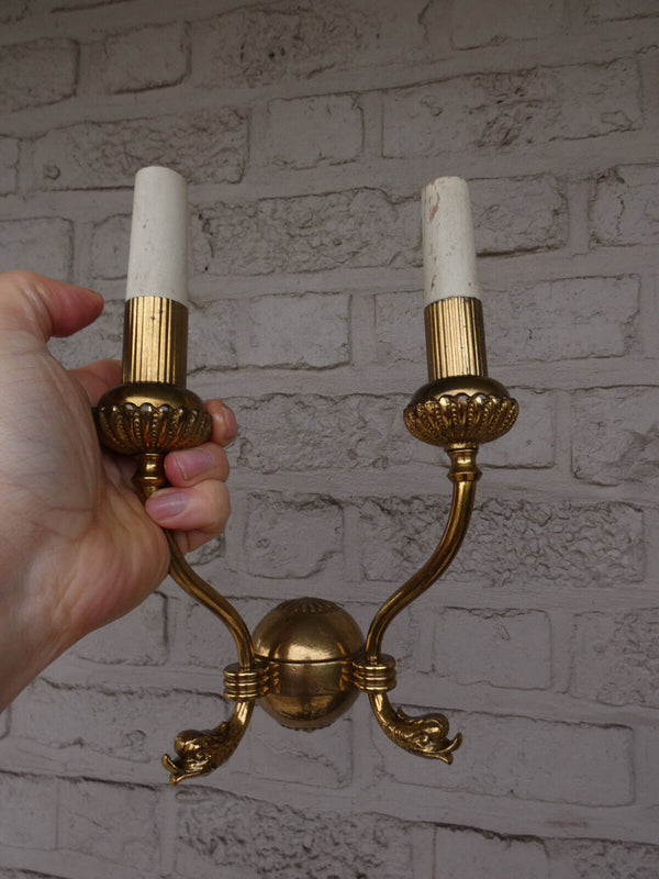 Vintage pair brass Wall lights sconces swan birds heads 1970