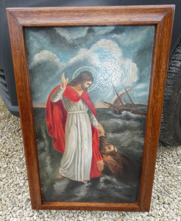 Antique Belgian 1902 dated oil canvas painting jesus walk over water religious