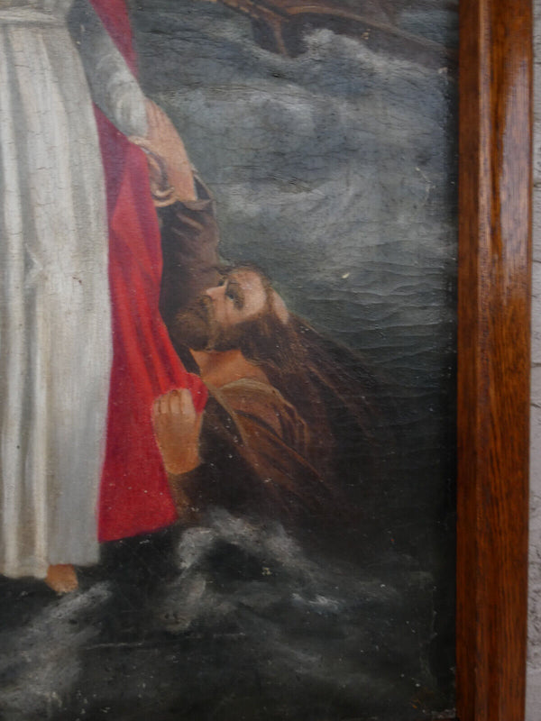 Antique Belgian 1902 dated oil canvas painting jesus walk over water religious