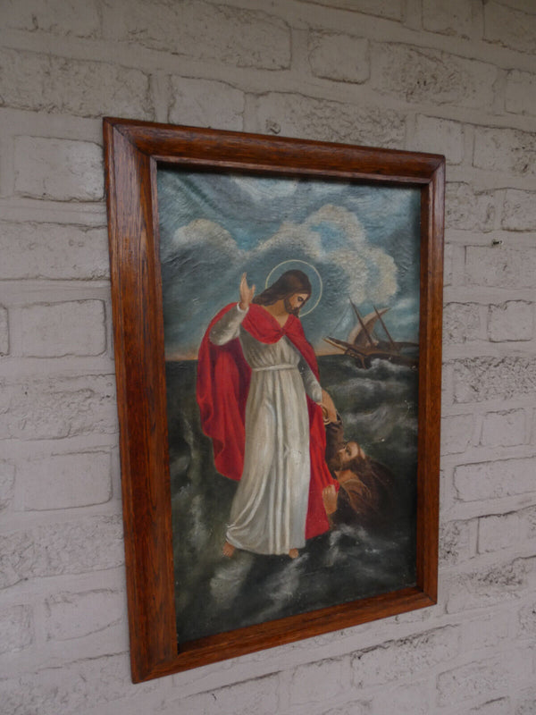 Antique Belgian 1902 dated oil canvas painting jesus walk over water religious