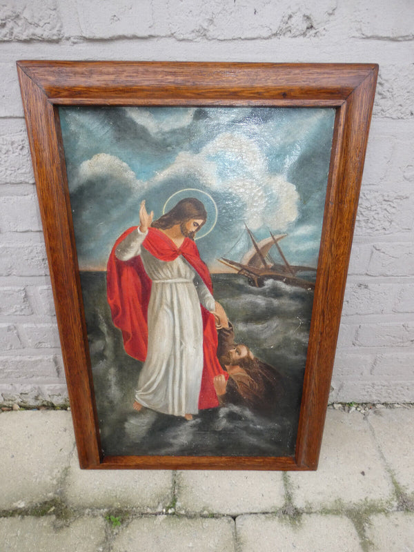 Antique Belgian 1902 dated oil canvas painting jesus walk over water religious