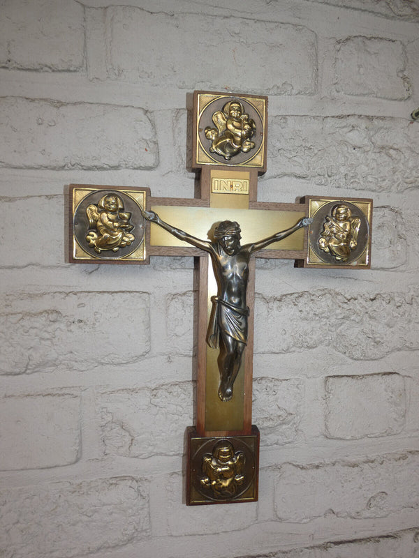 Vintage French wood metal  wall crucifix cross angels 1970