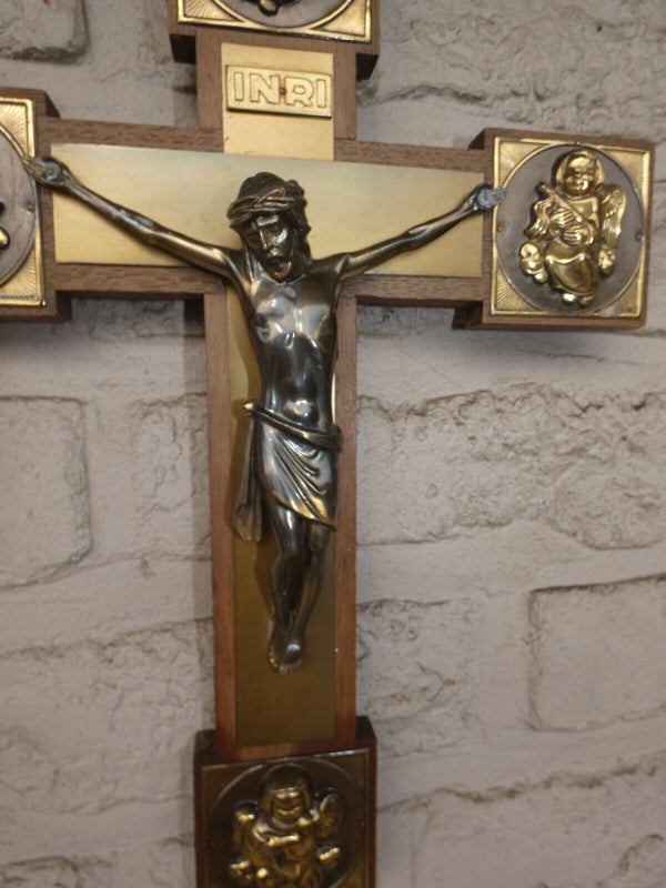 Vintage French wood metal  wall crucifix cross angels 1970