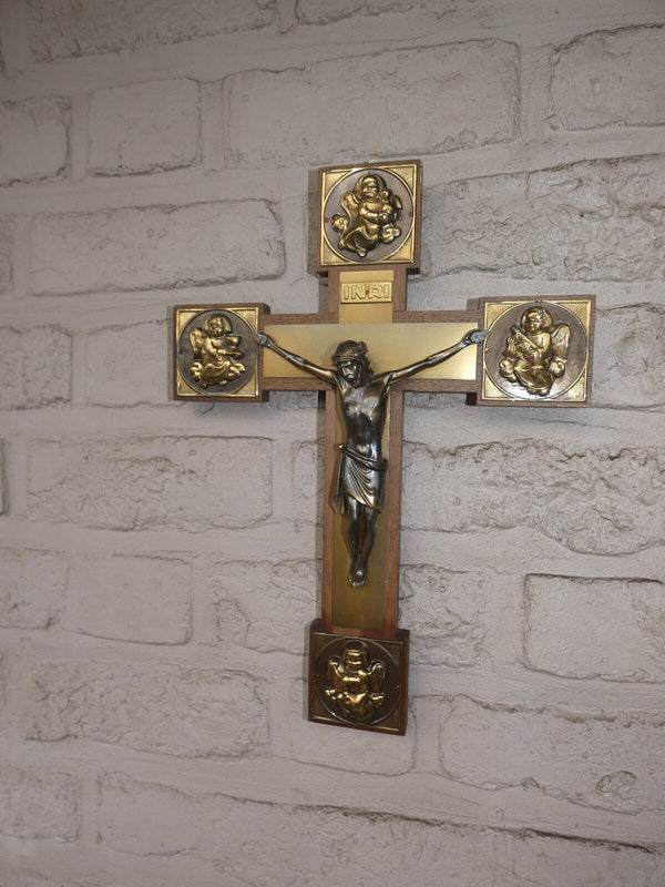 Vintage French wood metal  wall crucifix cross angels 1970