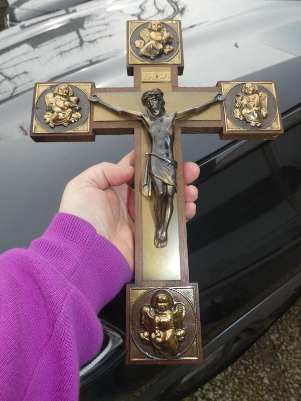 Vintage French wood metal  wall crucifix cross angels 1970