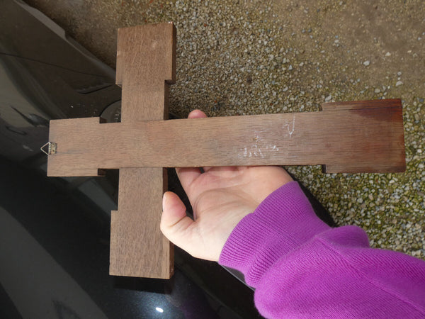 Vintage French wood metal  wall crucifix cross angels 1970