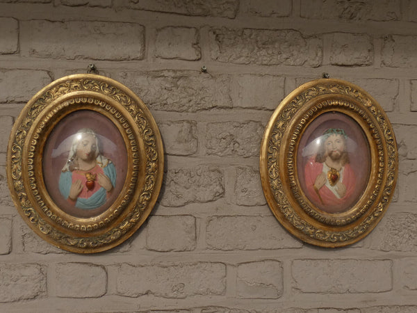 pair antique 19thc Chalk gold frame wall plaque jesus mary relief portrait glass