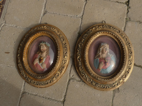 pair antique 19thc Chalk gold frame wall plaque jesus mary relief portrait glass