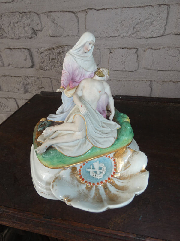 Antique french rare vieux paris porcelain pieta holy water font statue