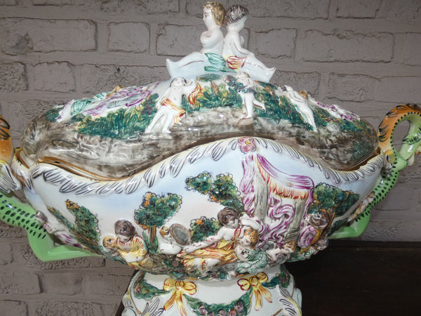 XL italian Capodimonte marked porcelain dragon centerpiece bowl cherubs swans