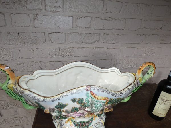 XL italian Capodimonte marked porcelain dragon centerpiece bowl cherubs swans