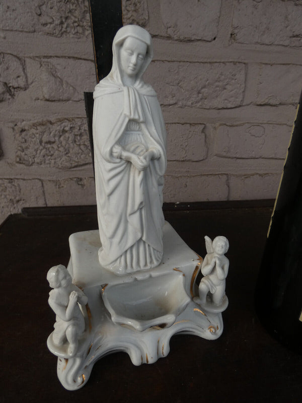 Antique french porcelain bisque holy water font crucifix angels madonna